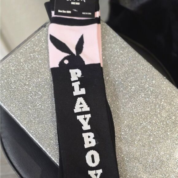 Playboy Bunny Vertical Logo Over-The-Knee Socks- Black/Pink - Picture 3 of 5